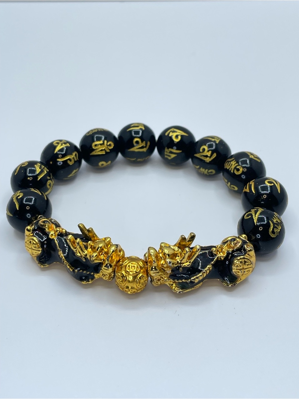 Feng Shui Pixiu Obsidian Gemstone Bracelet Black Gold Lucky Wealth Charm Stretch